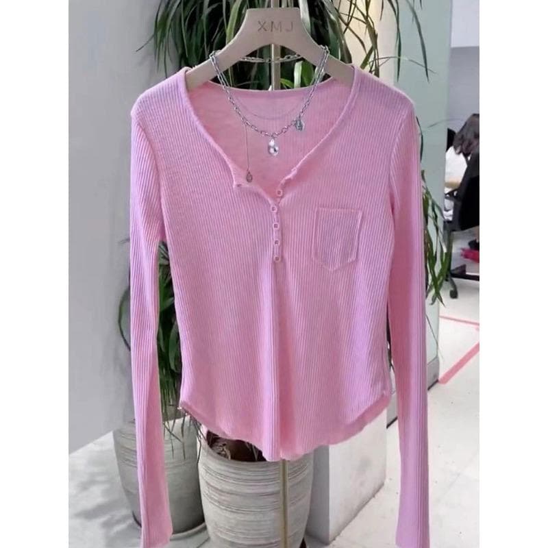 New Autumn Button-button Long-sleeved T-shirt Top Slim and Versatile Slim Bottoming Shirt for Women XXL pink