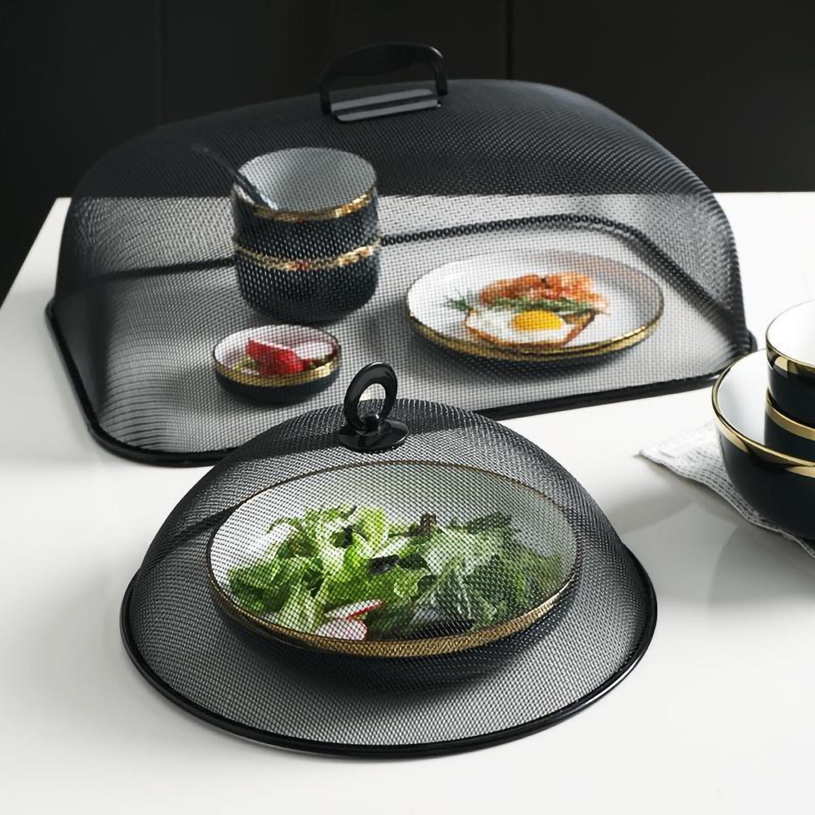 Food Cover Dense Mesh Design 180 Degree Rotatable Simple Iron Food Screen with Handle for Home Rectangle Large black