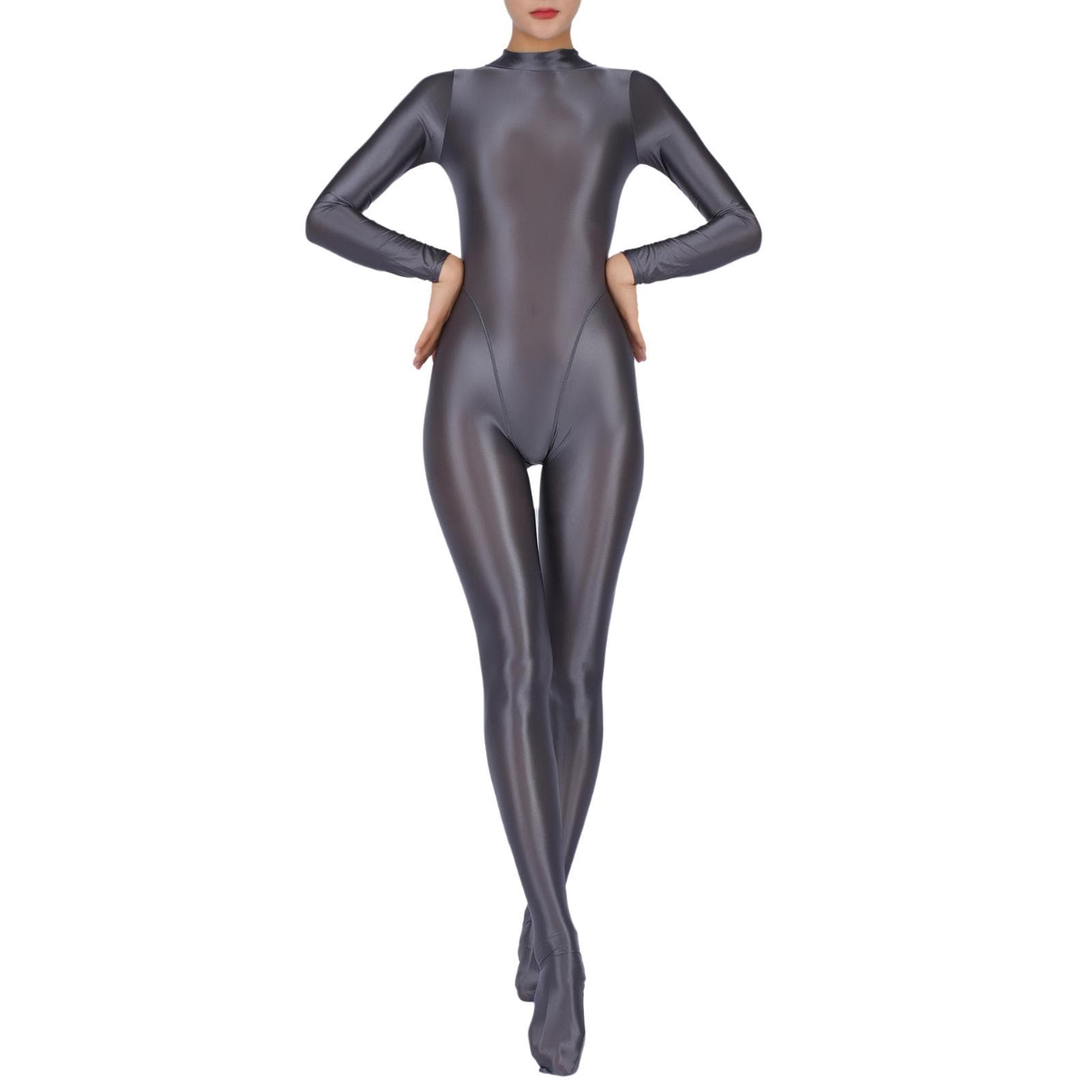 Womens Full Body Jumpsuit Sports Gym Yoga Tights Bodysuit Mock Neck Long Sleeve Footed One Piece Jumpsuit Clubwear Sportwear 3XL grey