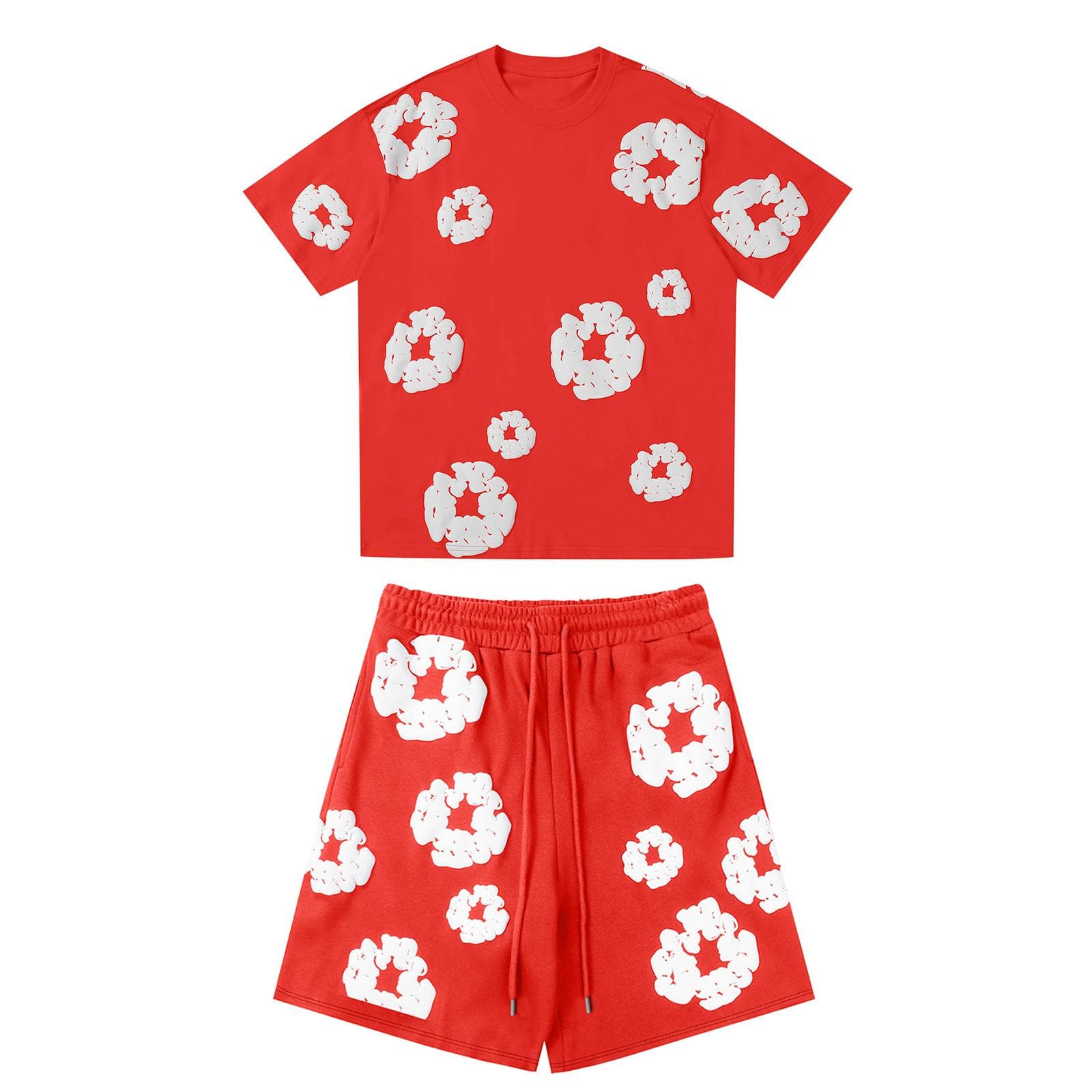 Women's And Men's Casual Loose Fitting Printed T-shirt And Shorts Two-Piece Street Fashion Trend Short Sleeves+shorts M red