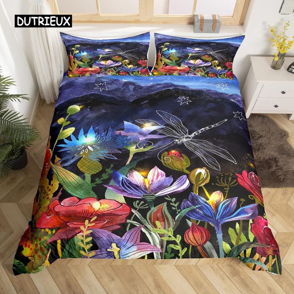 Galaxy Lotus King Size Full Twin Duvet Cover Blue Flower Moon Bedding Set for Teens Adults Bohemian Floral 2/3pcs Quilt Cover EU single(135x200cm)