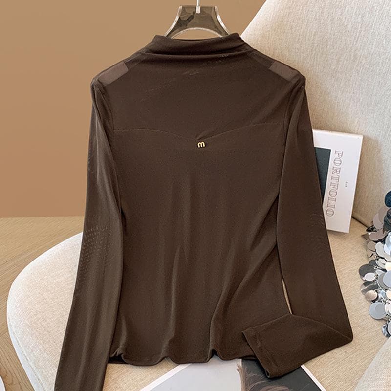 French Splicing Stand-up Collar Bottoming Shirt Women's Autumn and Winter New Sexy Black Top 3XL dark brown