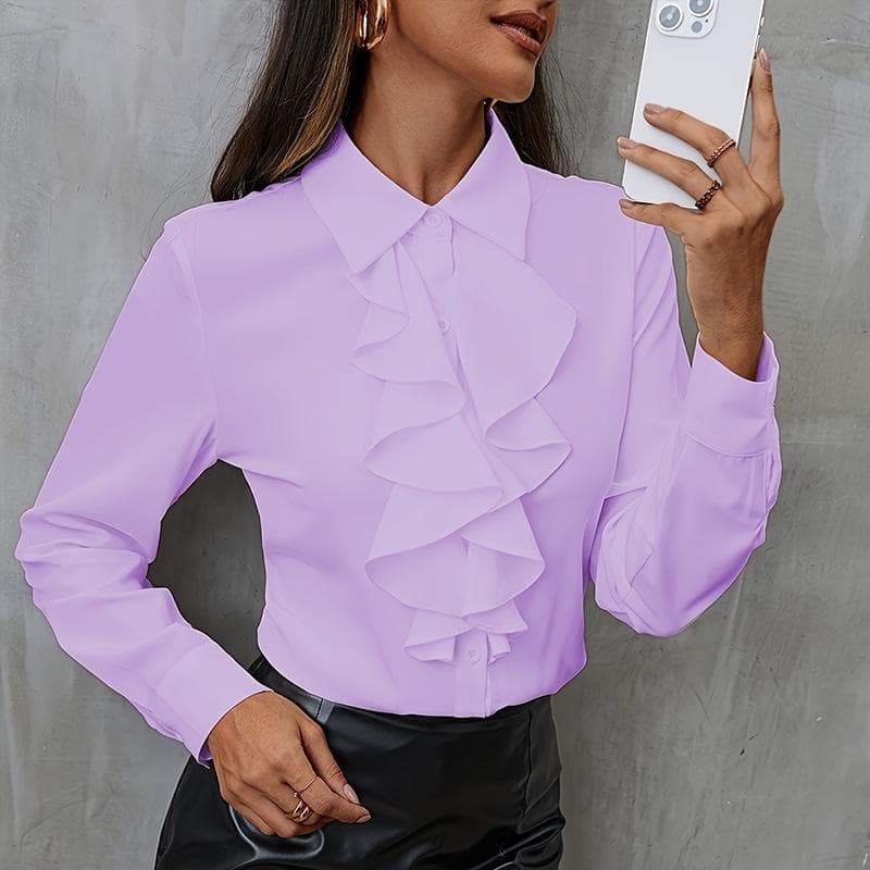 YYFS Women's Fashion Casual Spring Autumn Solid Color Print Long Sleeve POLO Neck Blouses & Shirts L purple