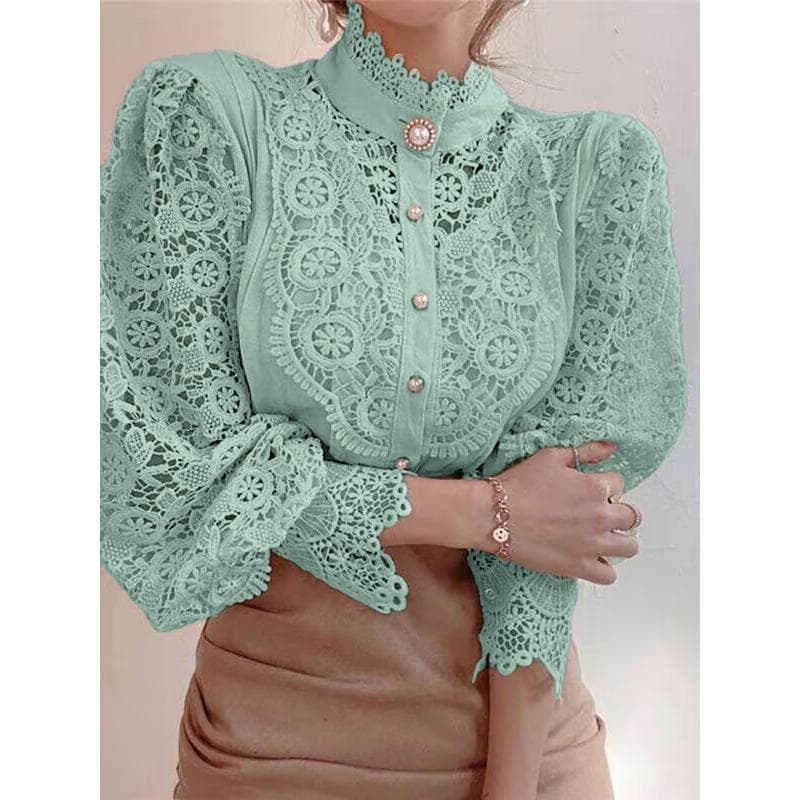 Vintage Solid White Lace Blouse Shirts Women  Korean Button Loose Shirt Tops Female Hollow Casual Ladies Blouses 12928 3XL light green