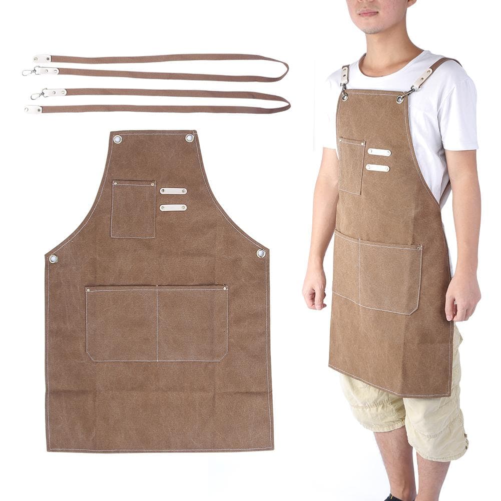Waterproof Thick Canvas Apron Working Clothes for Kitchen Milk Tea Shop Restaurant Light Tan