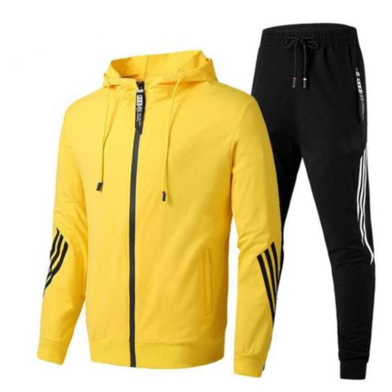 Men's Autumn Hooded Slim Fit Stripe Spliced Sports Casual Set L yellow
