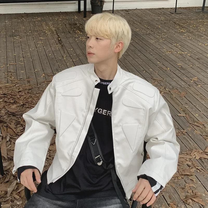 2024 Retro White Leather Motorcycle Jacket with Shoulder Pads - Unisex Street Style M white