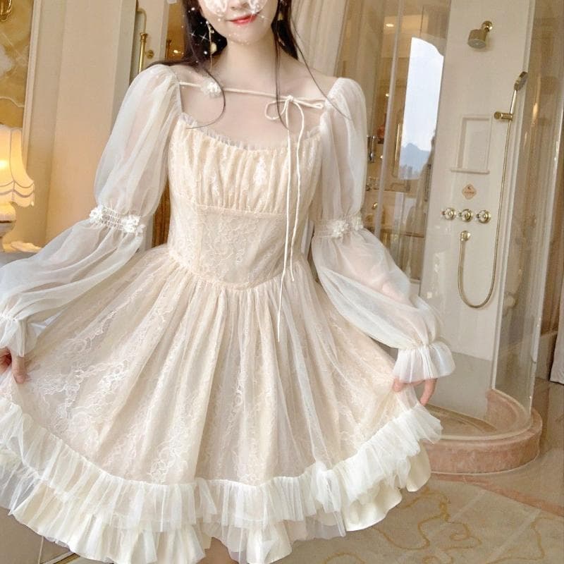 Lolita Kawaii Dress Women Casual Long Sleeve Vintage Y2k Mini Dress Female Japanese Style One Piece Dress Korean Autumn XL apricot
