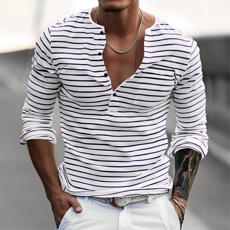 Spring Autumn Fashion Long Sleeve Men's T-shirts Button Henry Collar T Shirt For Men Vintage Striped Tees Tops XXL white