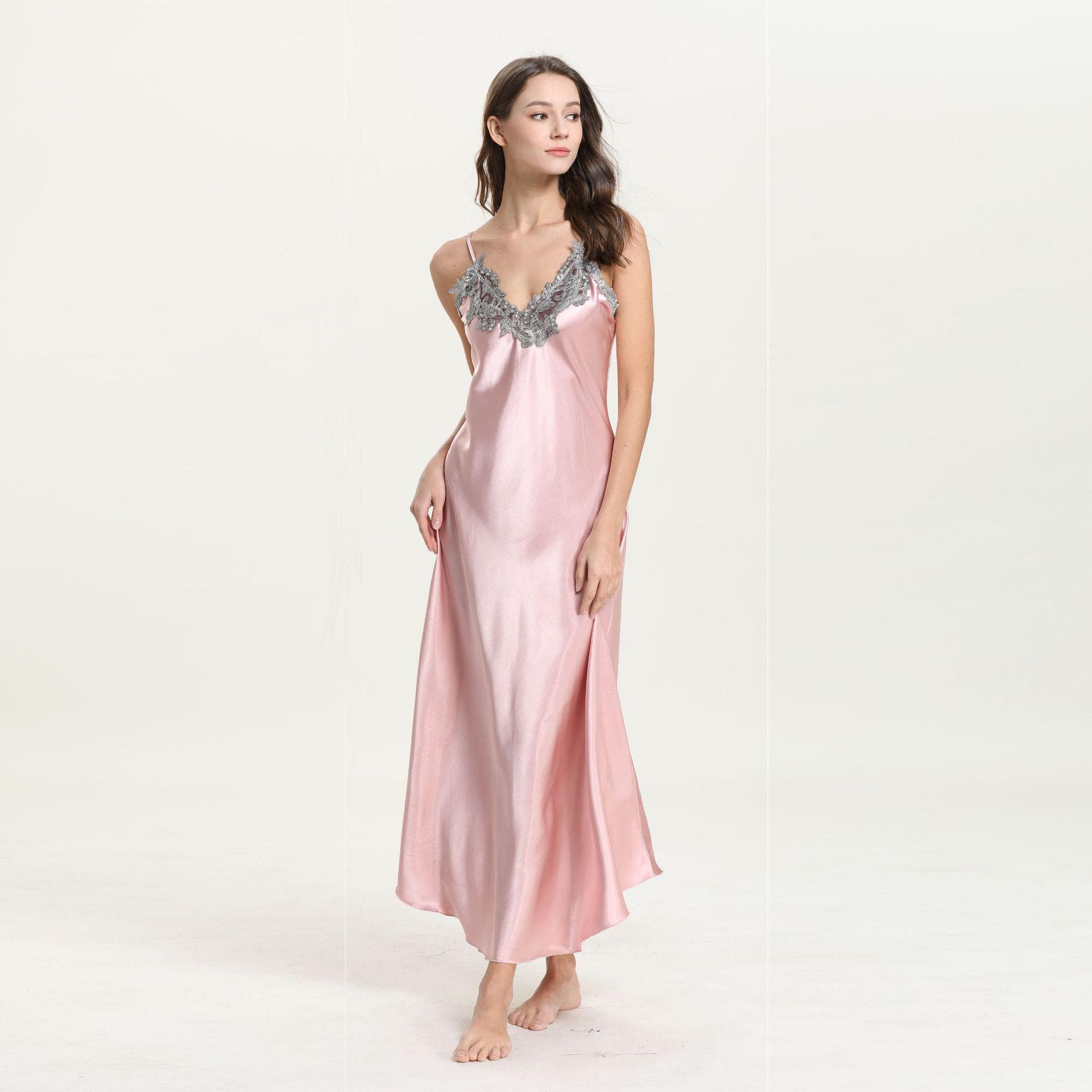 Women's Nightdress Lace Satin Nightgowns Sexy Lingerie Long Chemise Sleepwear M pink