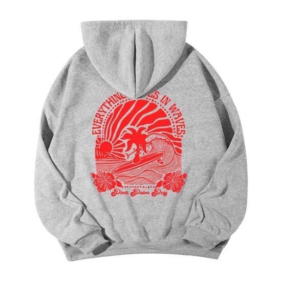 Teenager Hoodie Preppy Style Floral Printing Solid Color Hooded Top with Big XXL light grey