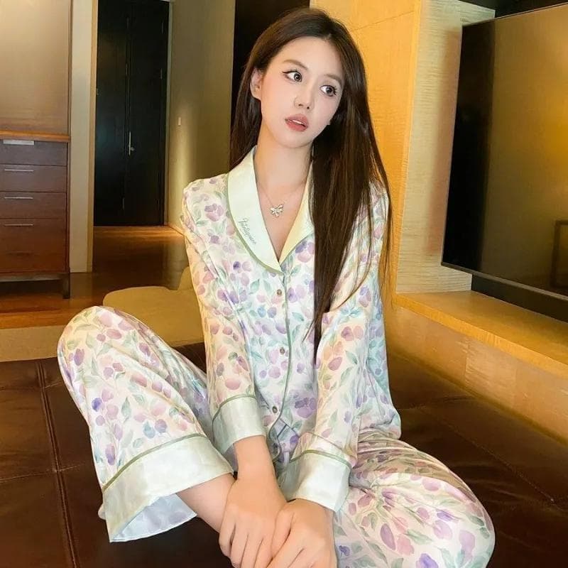 Pajamas Purple Flower Women's Long Sleeve Summer Ice Silk Spring and Autumn Pants Set Silk Home Clothes XL