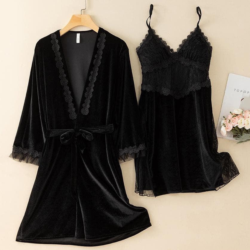 New Autumn Velvet Pajamas Two-piece Robe Set Feminine Lace See-through Robe Bathrobe Casual Velvet Home Clothes M
