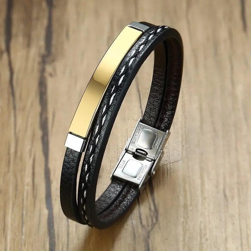 Delysia King 2021 Trendy Men Leatherwear Weave Bracelet Leisure Color Contrast Stainless Steel Bangle gold
