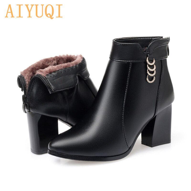Women's Ankle Boots Genuine Leather Women's Fashion Boots Red Pointed Rhinestone Winter Boot 39 black
