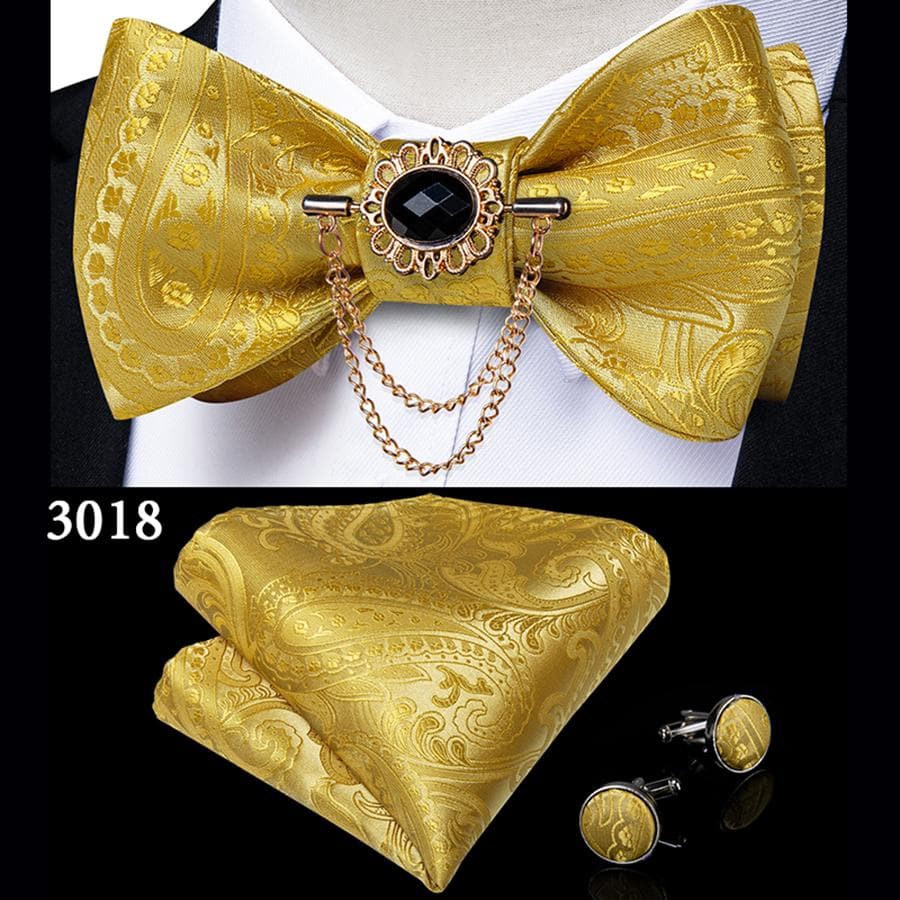 Gentlemens Bow Tie Tassel Brooch Paisley Silk Bowtie Hanky Cufflinks Set Vintage Style for Wedding LH-3018