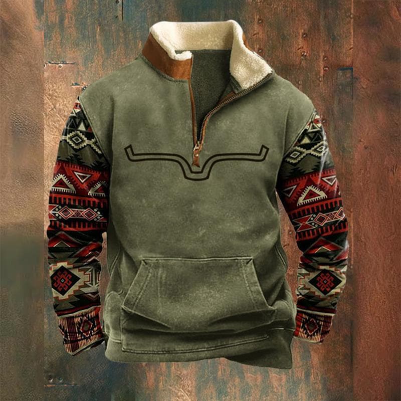 Mens Winter Vintage Print Fleece Collar Long Sleeved Stand Collar Warm Athletic Jackets M black/green