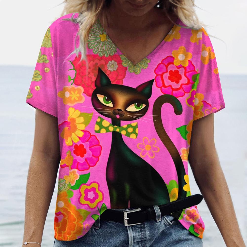 Summer Cartoon Cat 3D Print T-shirt Women Streetwear Casual T Shirts Y2k Tops Woman Harajuku V-Neck Tees Oversized Clothing 3XL
