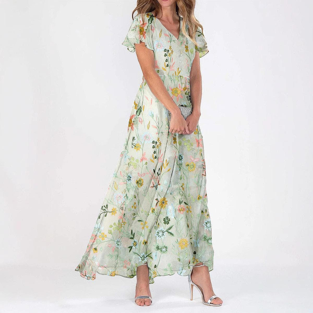 French Floral Chiffon Dress for Women, Spring Summer Printed High-End Dress for Children 2XL light green
