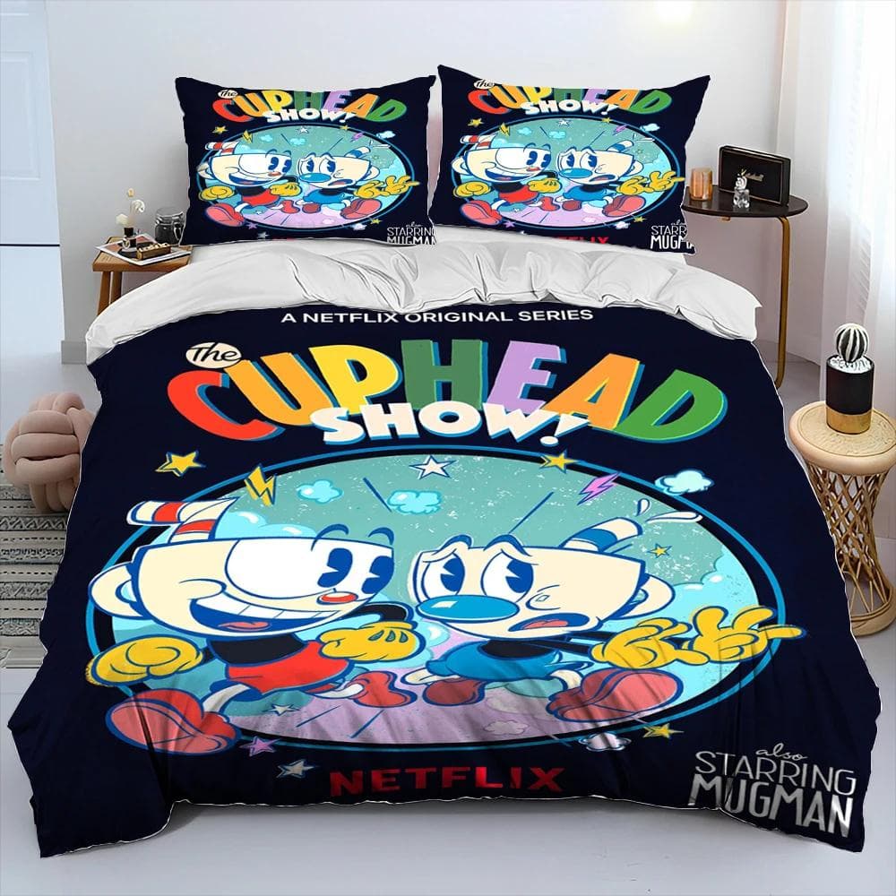 Cuphead and Mugman,Game Gamer Comforter Bedding Set,Duvet Cover Bed Set Quilt Cover Pillowcase,King Queen Size Bedding Set Boys 155x215cm 3pcs