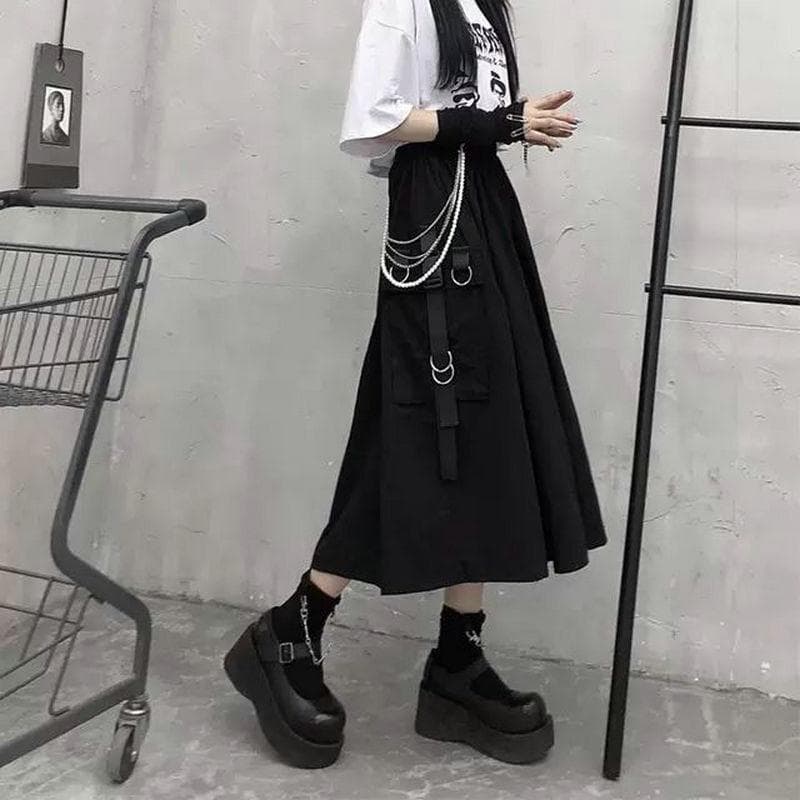 2024 Summer Black Long Skirt Women Harajuku Streetwear A-line Elegant Cargo Women's Skirt S black