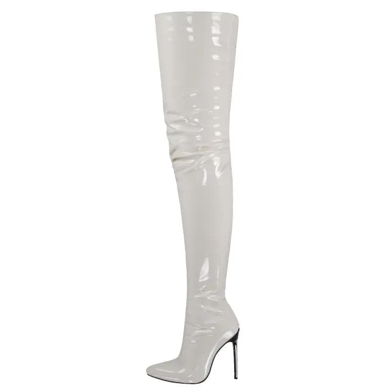 Fashion Women Patent Leather Boots Sexy Thigh High Boots Metal Stiletto Heels Fitted Party Boots Knee High Boot Big Size 45 46 47 48 44 white