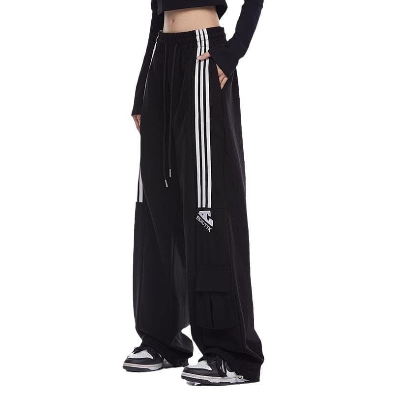 Retro Three-bar High-waisted Sports Casual Pants for Women In Autumn and Winter Loose Wide-leg Versatile Straight Work Pants 2XL