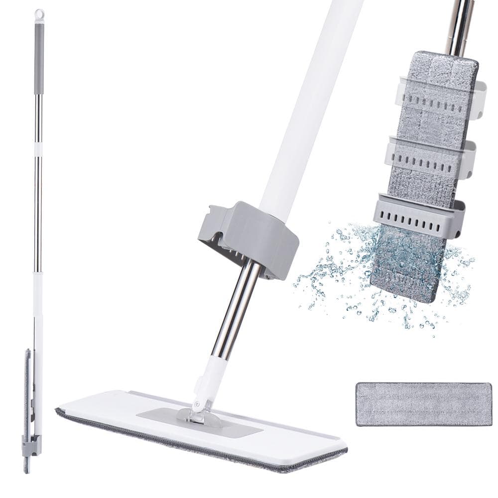 Self Wringing Flat Mop Hands-Free 360 Degree Spin Cleaning Mop with 2 Washable Mop Pads Wet Dry Use white