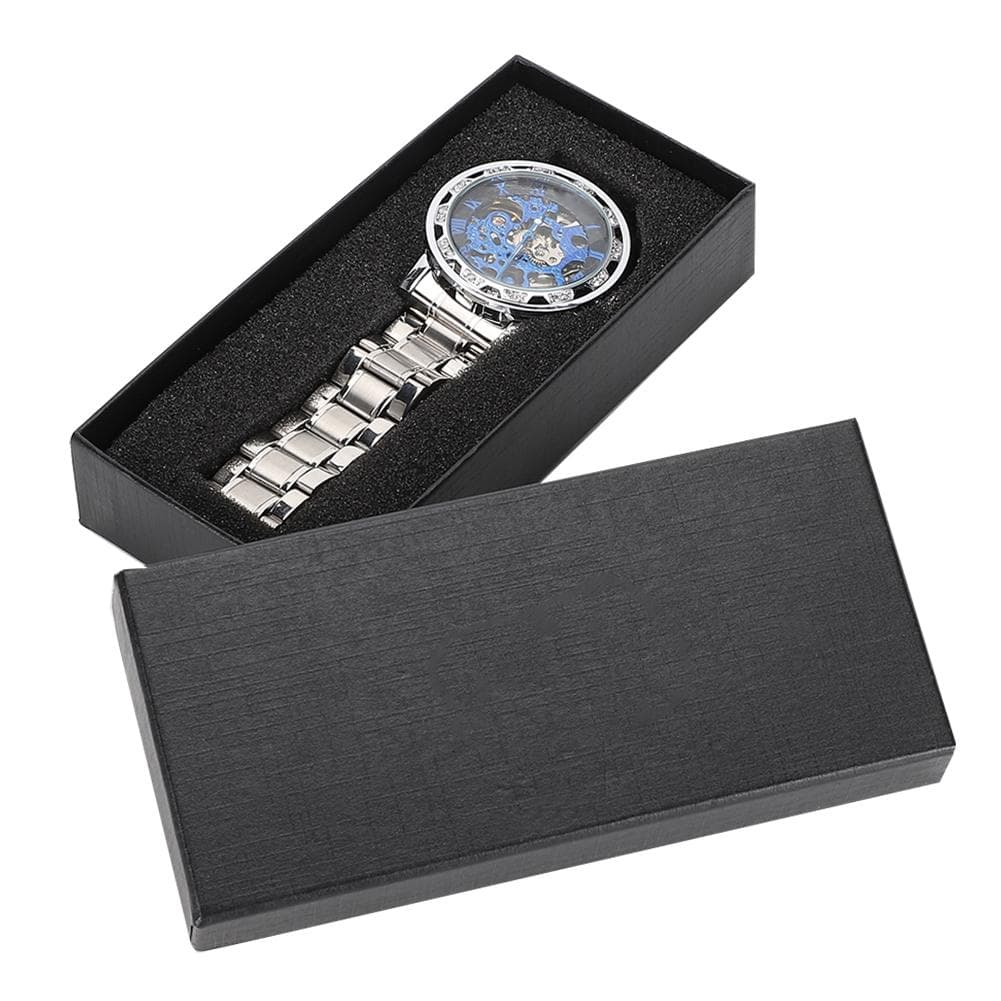 Fashion Waterproof Men Round Dial Hollow Automatic Wristwatch Mechanical Watch(Blue Surface Silver )