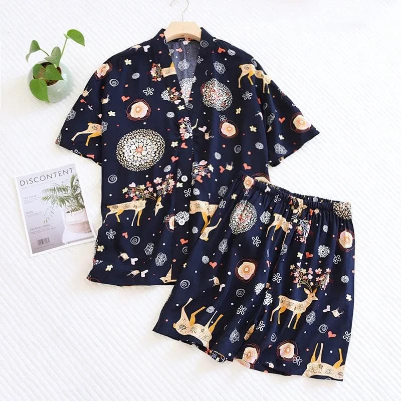 New Summer Ladies 100% Viscose Pajamas Short Sleeve Shorts Two Piece Floral V-Neck Thin Loose Women's Homewear Set Sleepwear M