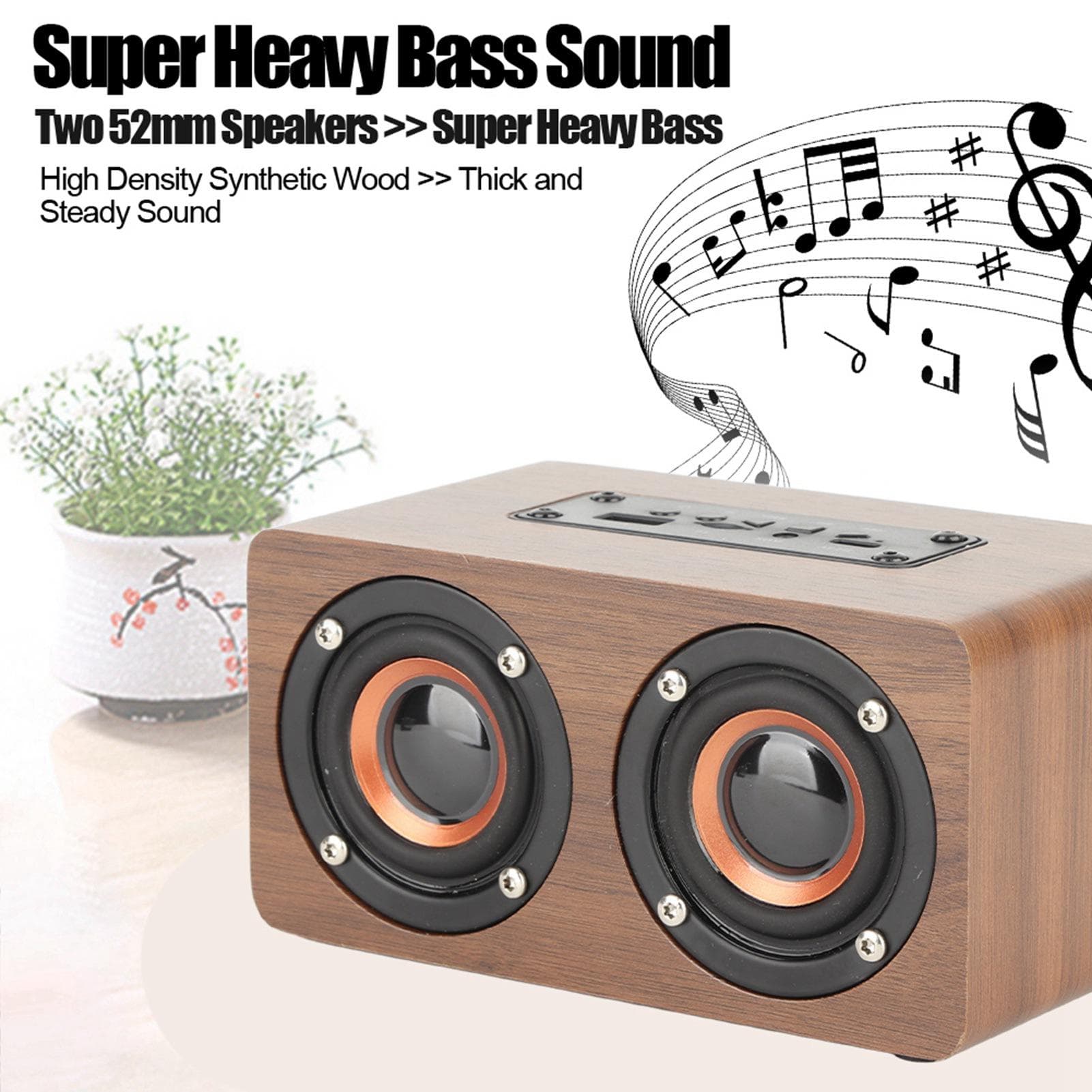 Wood Bluetooth Speaker Subwoofer FM Radio HiFi Music Clock Alarm Stereo Subwoofer ‑ Brown Grain