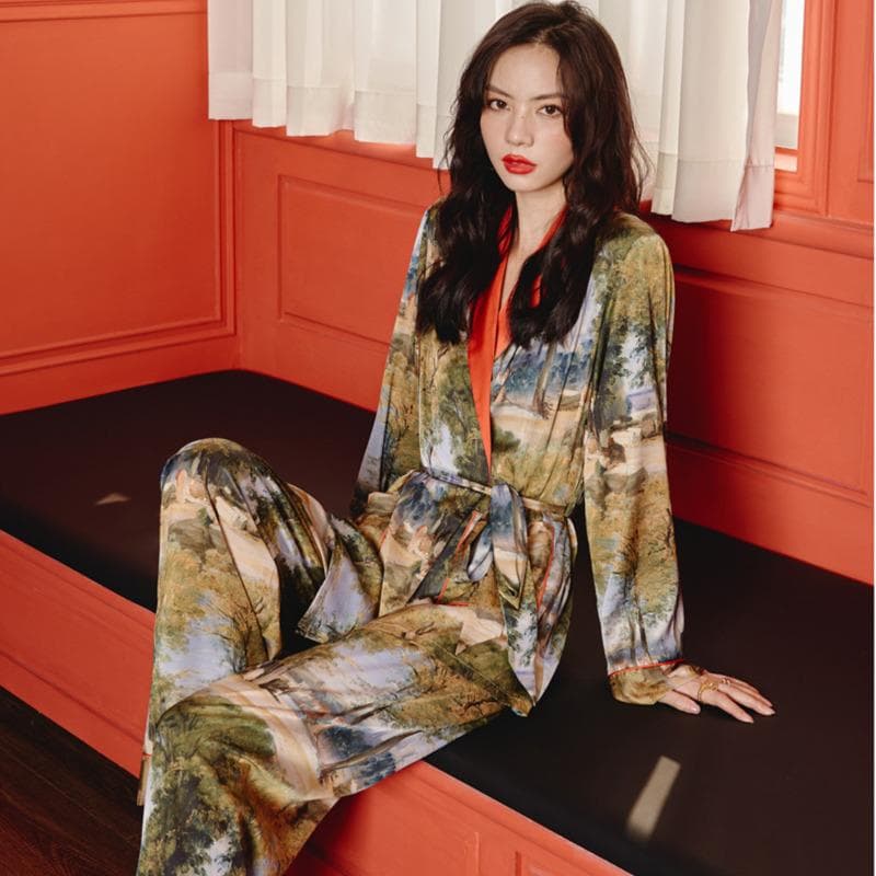 Spring Autumn Women's Pajamas Silk Satin Loungewear Short Printed Robes Long Sleeve Bridesmaid Wedding Party Pjs Set Sleepwear XL
