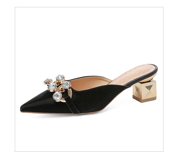New Women's New Solid Color Closed Toe Slippers Fashion Slingback Women's High Heels Rhinestone Dress High Heels Shoes 40 black