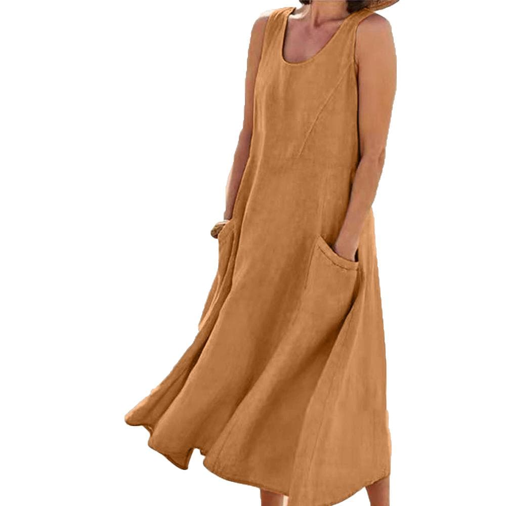 Plus Size Linen Dress for Women Summer Plain 2023 Casual Maxi Sundresses Long Sleeveless Y2k Dress 3XL brown