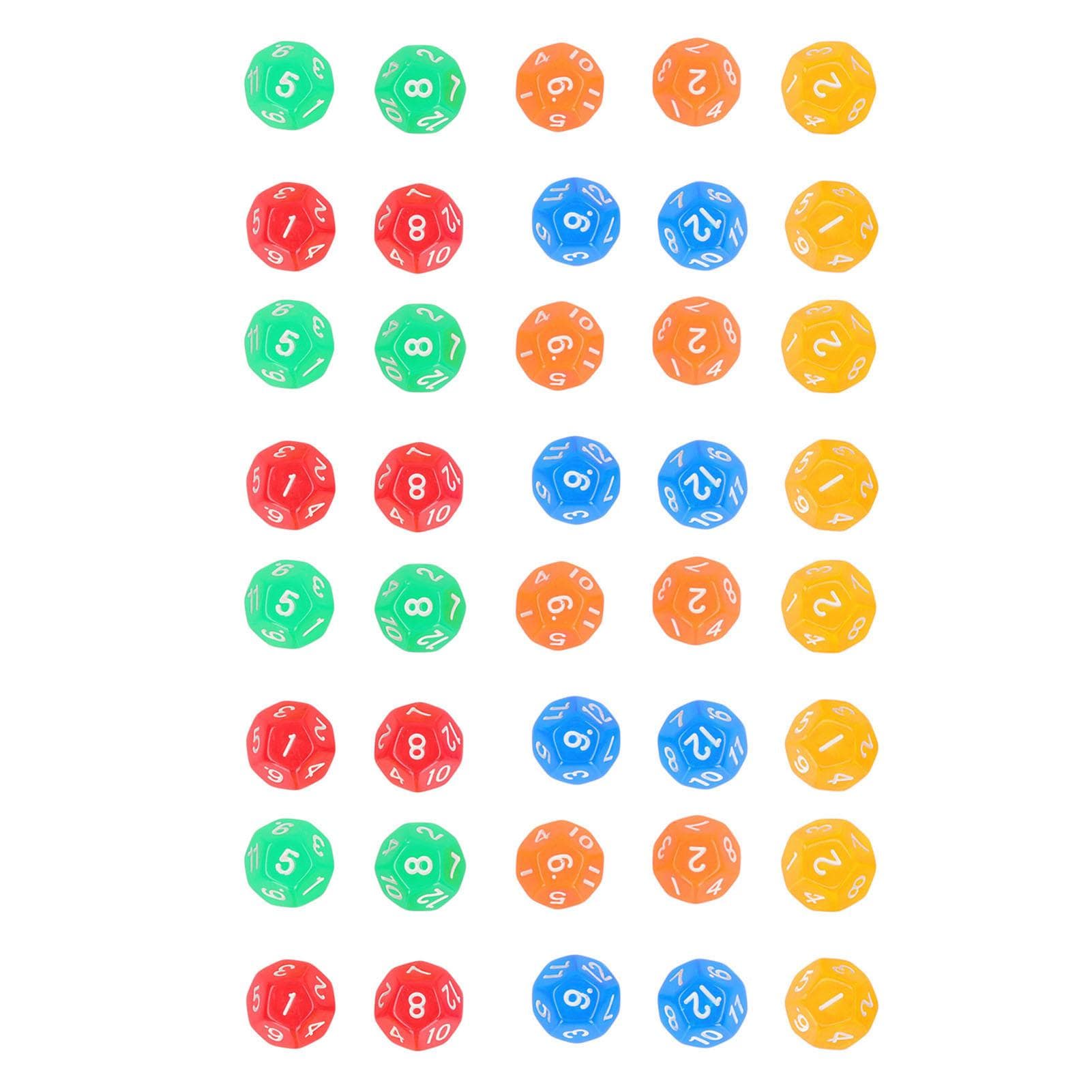 40Pcs 12 Sided Transparent Dice Waterproof 5 Colors Translucent Dice for Board Games and Teaching
