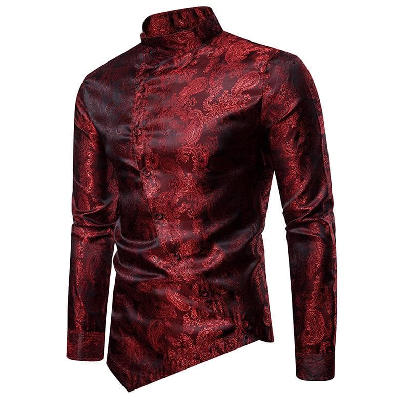 Men's Floral Printing Dress Shirt Stand Collar Slim Fit Party Shirts M red