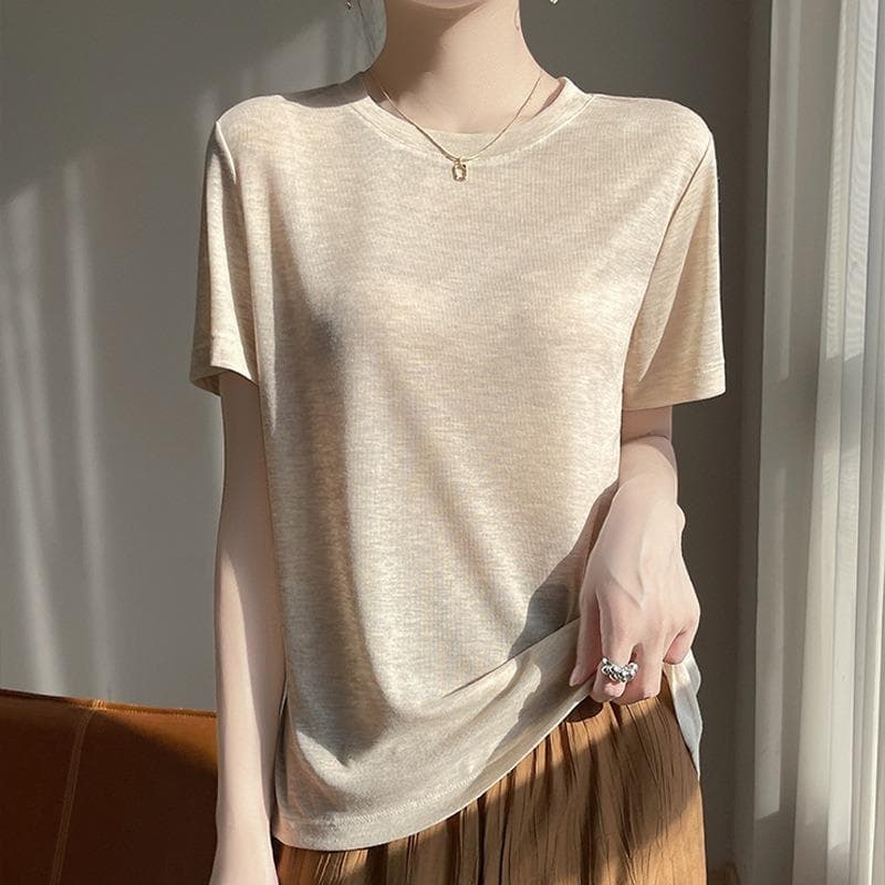 Women's Summer New Round Neck Short Thin Section of Soft Skin-friendly T-shirt Versatile Short-sleeved XL tan/beige