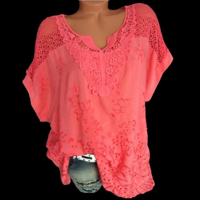 Fashion Women Lace V-Neck Embroidery Short Sleeve Bat Shirt Shirt Women Loose Fashion XL red