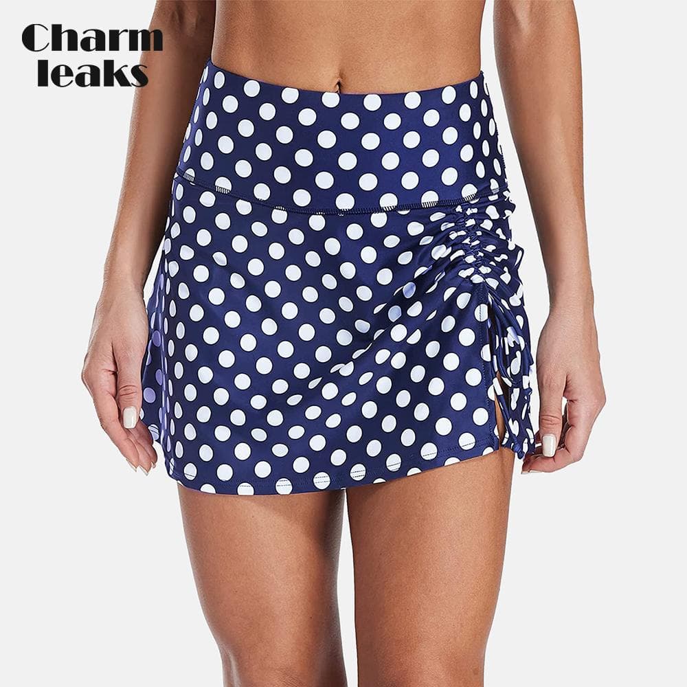 Womens High Waisted Split Swim Skirt Sporty Drawstring Skirted Swim Bottom with Built-in Swimming Panty Swimwear S blue/white