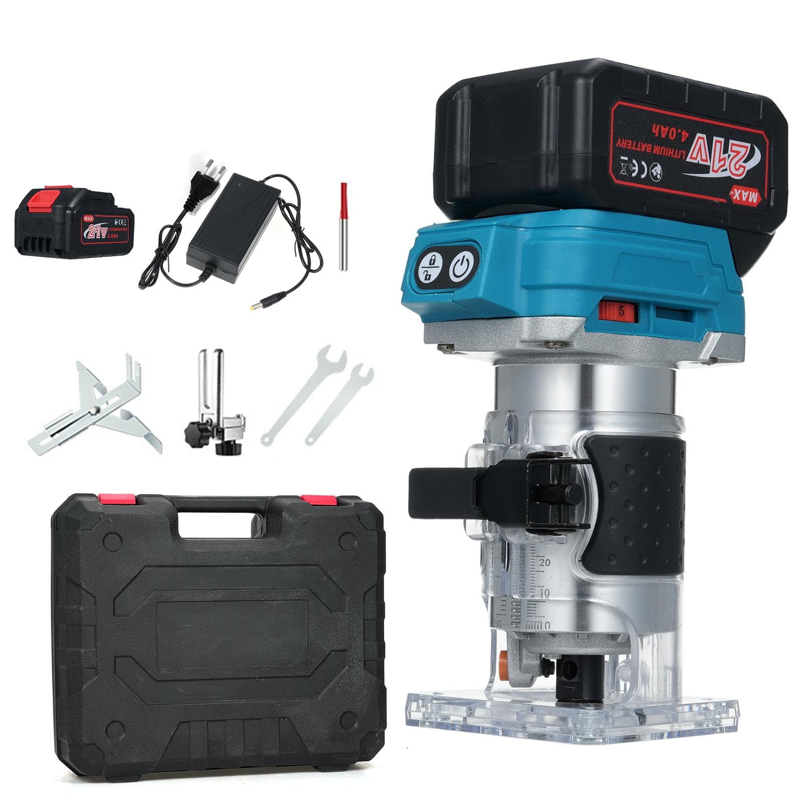 Compact Router Wood Router Tool With 2Pcs 4.0Ah Batteries 21V Brushless Portable Handheld Palm EU Plug & 2 Battery