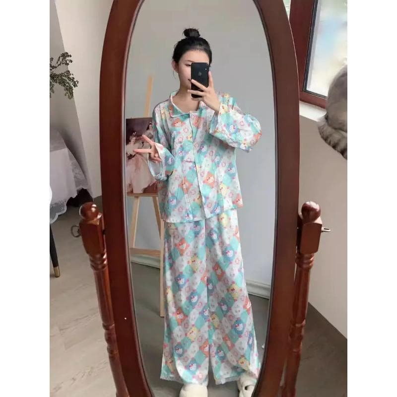 New Cute Kitten Cartoon Print Ice Silk Long Sleeve Pajamas Women's Spring and Autumn  New Plus Size Plaid Home Clothes 4XL