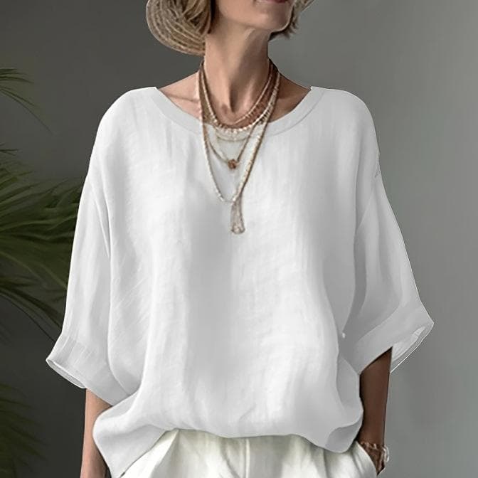 Summer Women's Short Sleeve Round Neck T-shirt Ladies Casual Linen Shirts Plus Size Blouse Tops M white