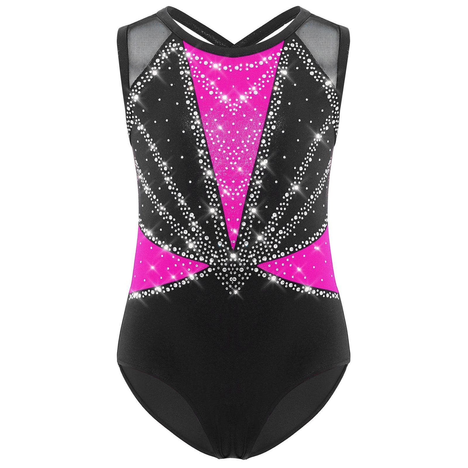 Kids Girls Crisscross Back Leotard Sleeveless Round Neck Shiny Rhinestones Metallic Dance Costume 13-14 Years hot pink