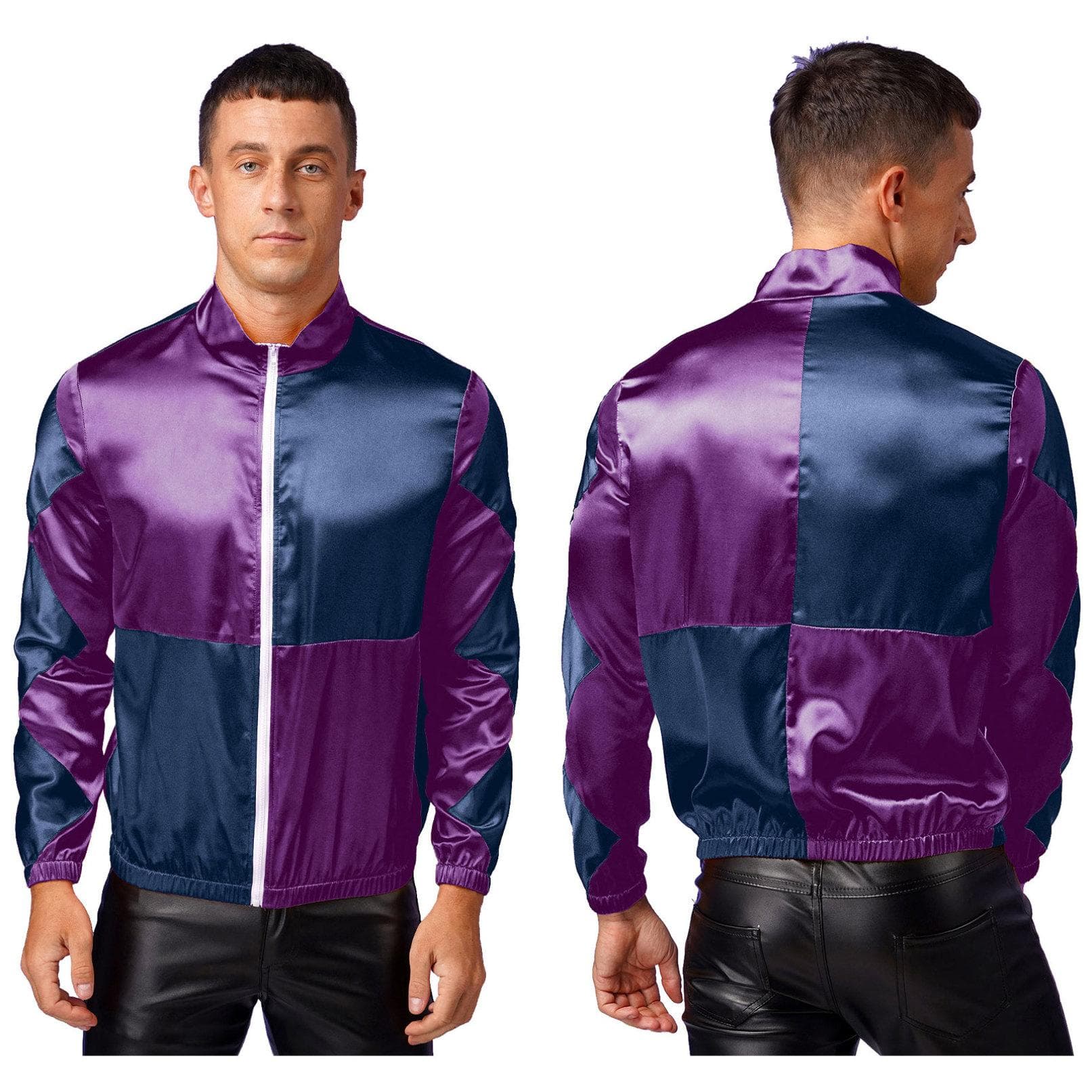 Men‘s Color Block Horse Jockey Costume Horse Rider Racing Outerwear Sports Stage Play Jacket L navy blue/purple