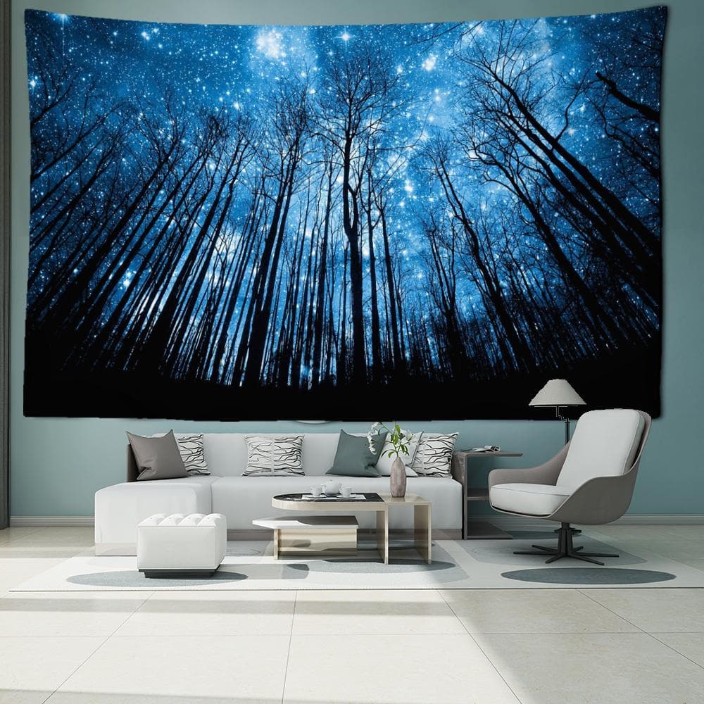 Dark Blue Starry Sky Forest Tapestry Wall Hanging Mysterious Hippie Night View Aesthetic Room Bohemian Room Decor 95x70CM