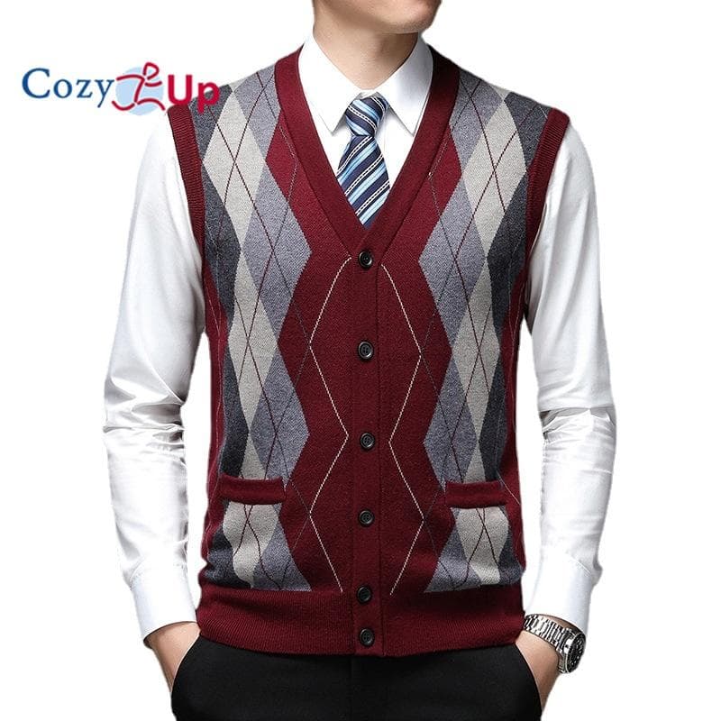 Cozy Up Men's Sweater Vest Cardigan Button Front Knitwear Contrast Color Argyle Sweater Vest XXXL red