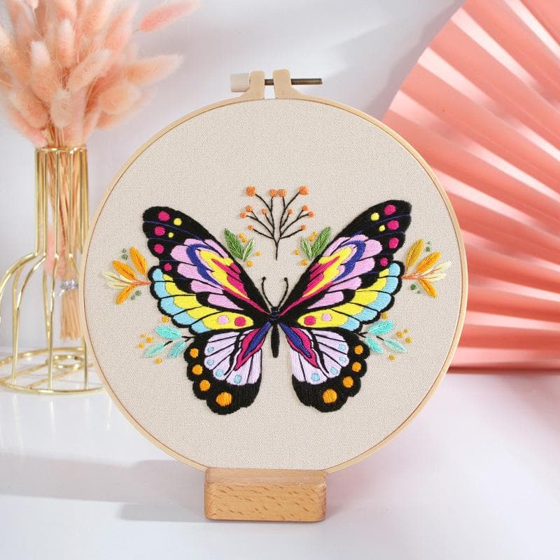 Diy Hand Embroidered Butterfly Flowers Kit for Beginner Cross Stitch Set Needlework Hoop Handmade Sewing Art Craft Kit multicolour
