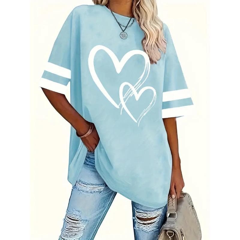 Plus Size Heart Print T-Shirt Casual Crew Neck Short Sleeve T-Shirt Women's Plus Size Clothing 7XL