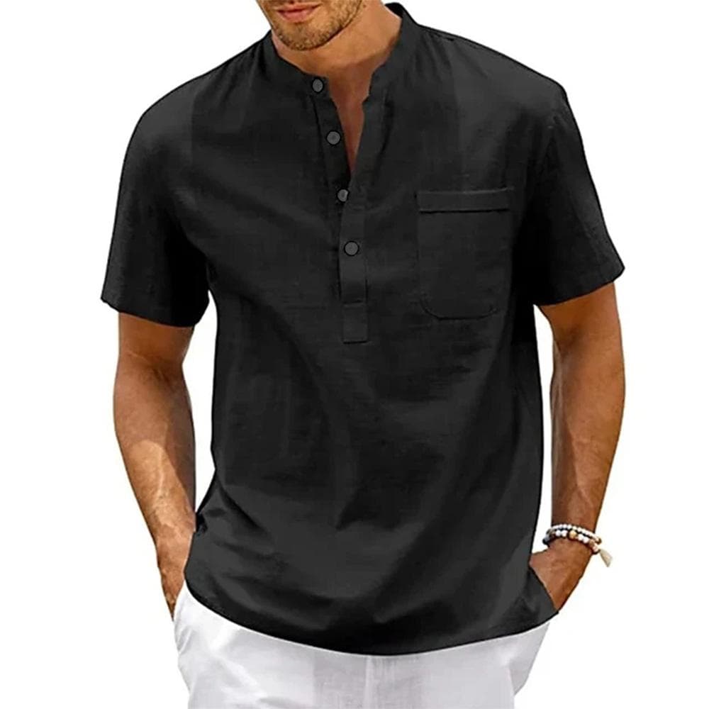 Summer Cotton Linen New Men's Short-Sleeved T-shirt Casual Men's T-shirt Shirt Male Pocket Breathable S-3XL L black