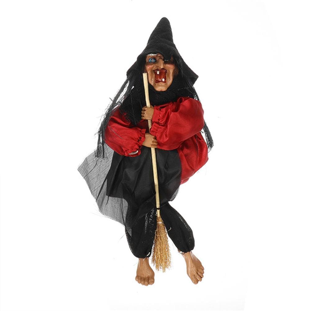 Halloween Hanging Witch Dolls Voice Control Prop Animated Ghost Scary Riding Broom Wall Hanging